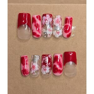 Red Floral Medium Square Tip Gel Press- On Nail‎ Set